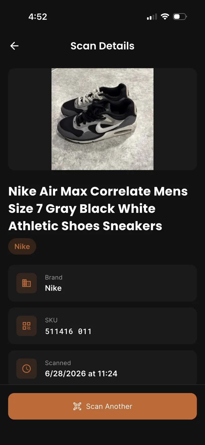 SneakScan scan details screen showing a matched Nike Air Max Correlate with its brand, SKU, and scan time