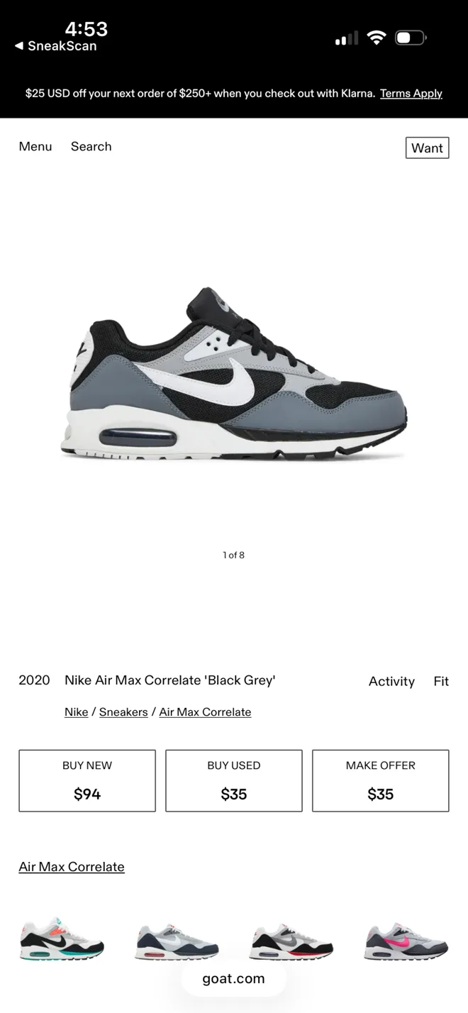 A GOAT marketplace listing opened straight from SneakScan, showing buy new and buy used prices